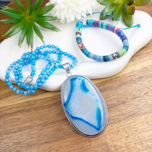 Huge Agate Window Druzy Pendant Necklace Jewelry Set Handmade Boho Southwest 925